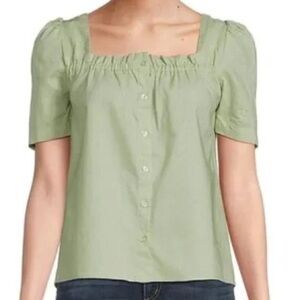 Saks Fifth Avenue Women’s Green Square Neck Linen‎ Short Sleeve Blouse Sz M